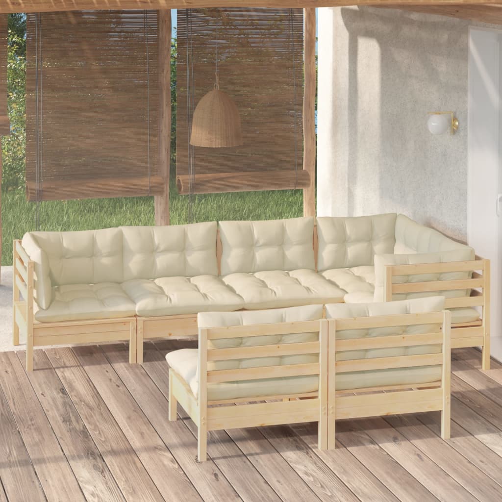 vidaXL Muebles de jardín 7 pzas y cojines madera maciza de pino crema