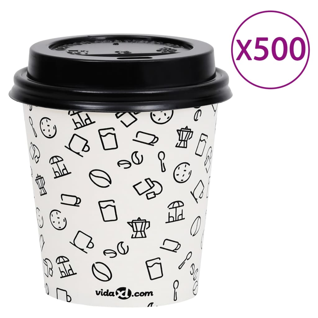 vidaXL Vasos de papel café con tapas 200 ml 500 uds blanco y negro