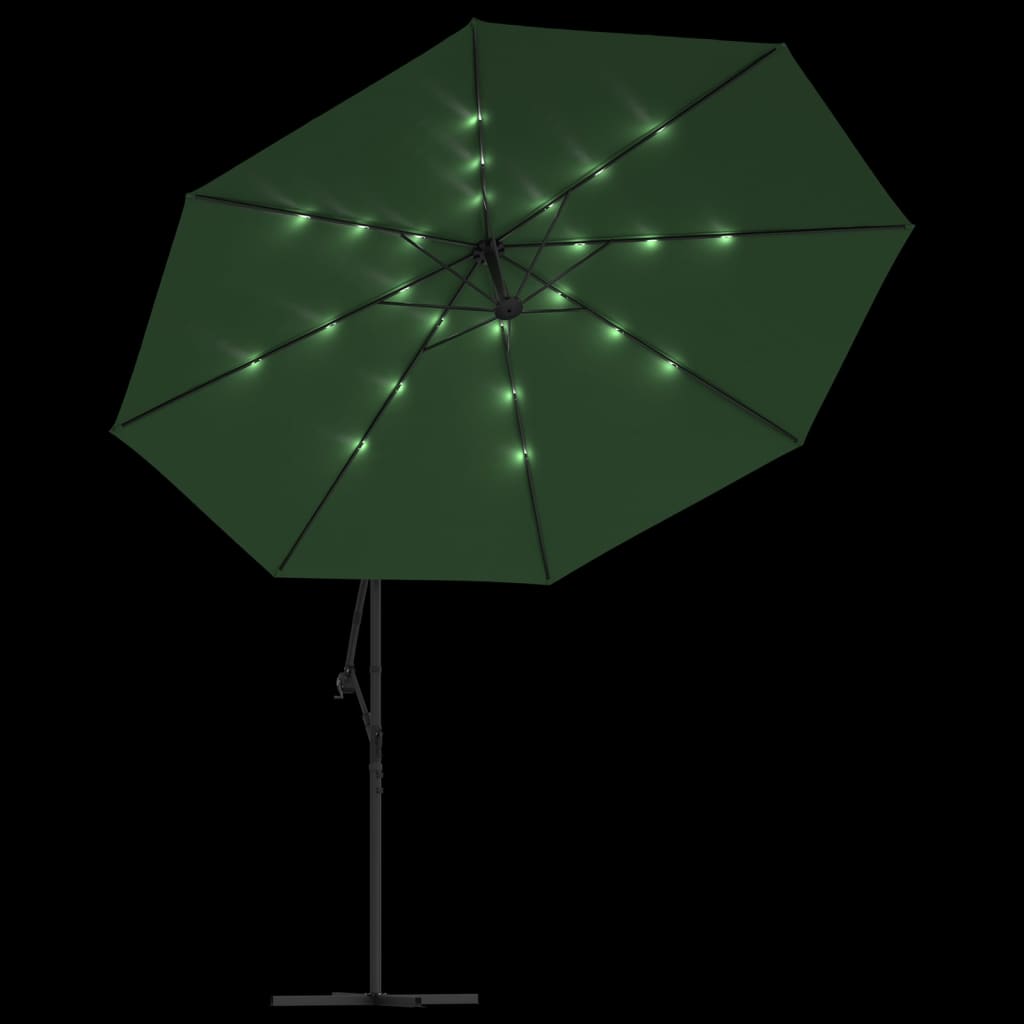 vidaXL Sombrilla voladiza con luces LED y poste de metal 350 cm verde