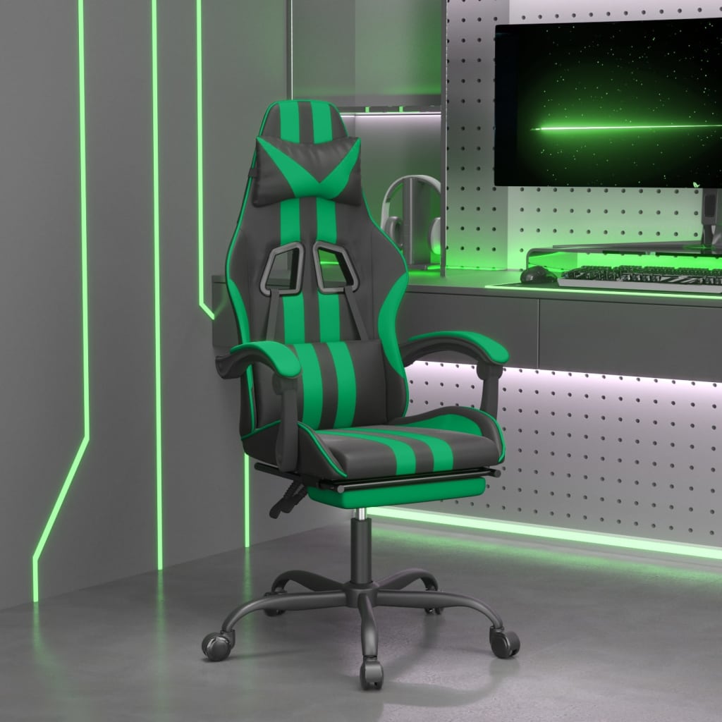 vidaXL Silla gaming con reposapiés cuero sintético negro verde