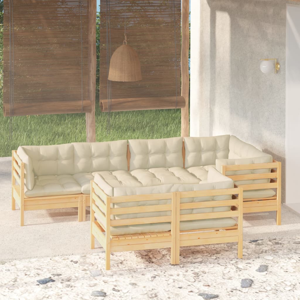 vidaXL Muebles de jardín 7 pzas y cojines madera maciza de pino crema