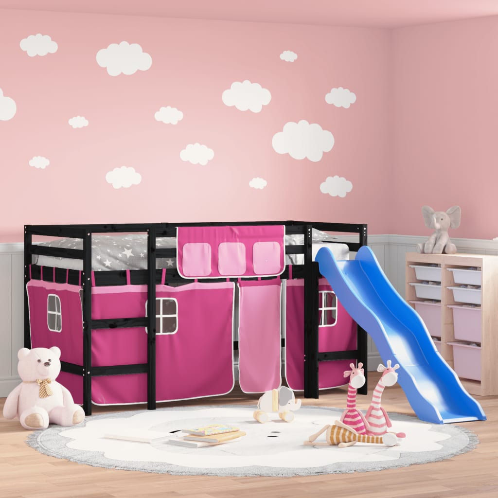 vidaXL Cama alta para niños con cortinas madera pino rosa 90x200 cm