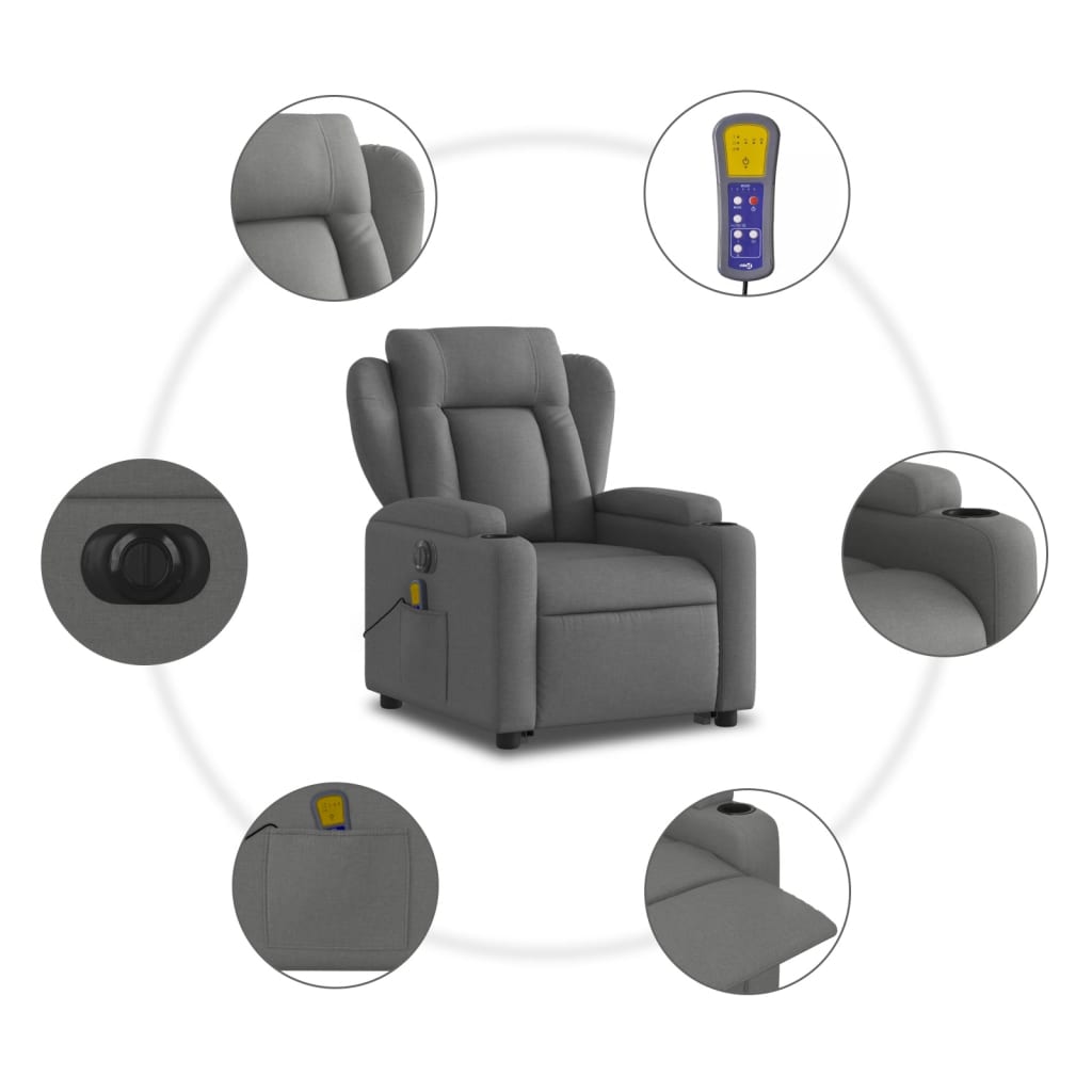 vidaXL Sillón de masaje eléctrico reclinable elevable tela gris oscuro