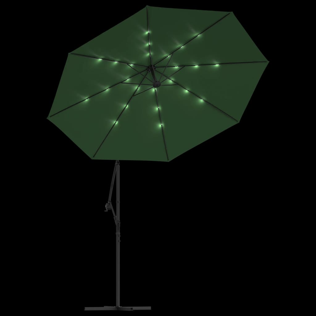 vidaXL Sombrilla colgante con luces LED y palo metálico 300 cm verde