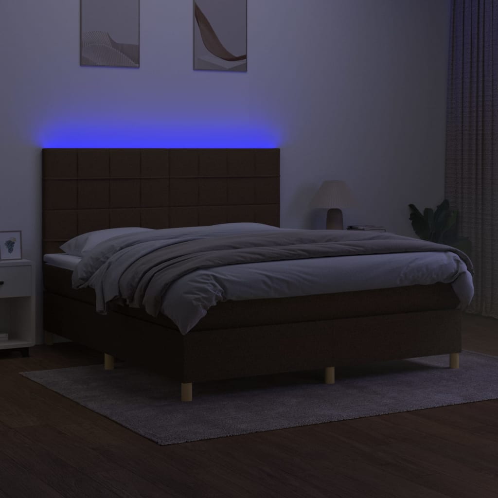 vidaXL Cama box spring colchón luces LED tela marrón oscuro 180x200cm