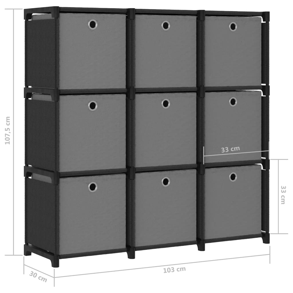 vidaXL Estantería de 9 cubos con cajas de tela negro 103x30x107,5 cm