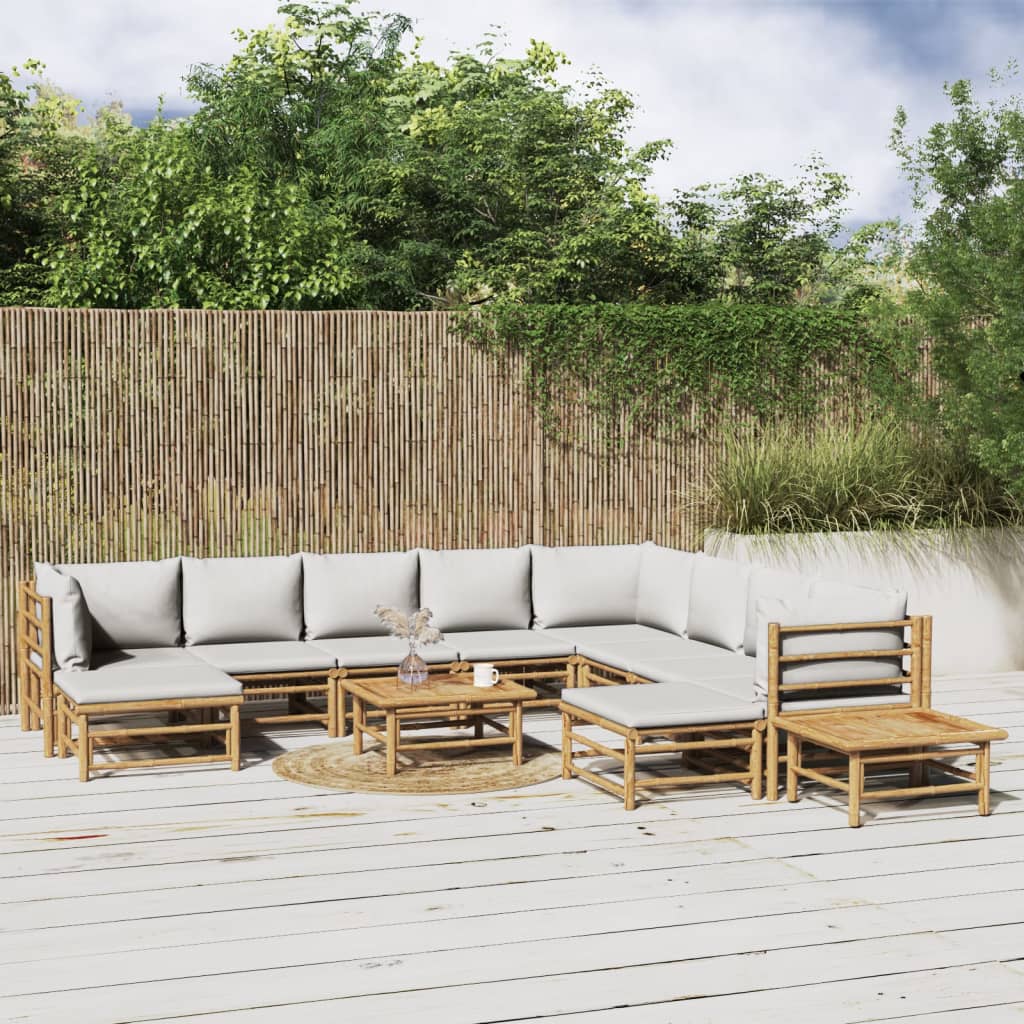vidaXL Set de muebles de jardín 12 piezas bambú y cojines gris claro