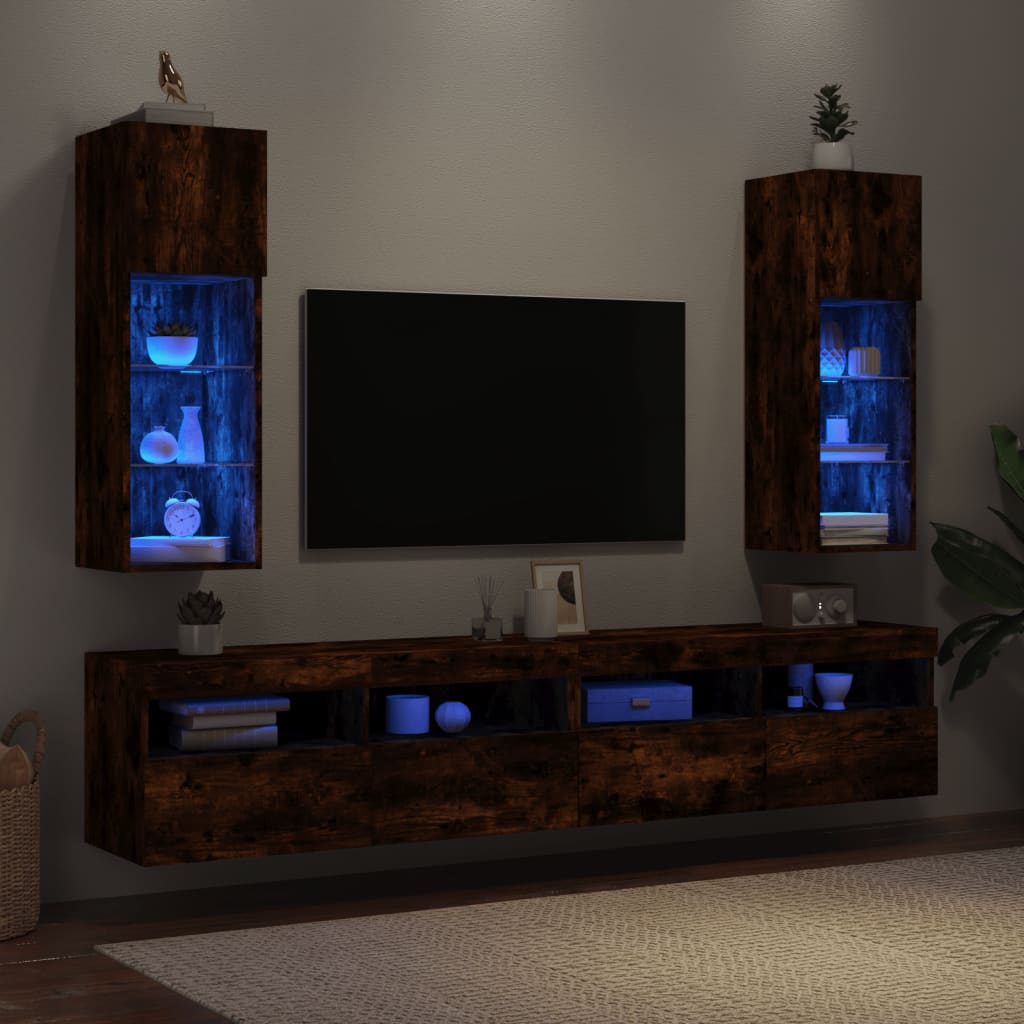 vidaXL Muebles de TV con luces LED 2 uds roble ahumado 30,5x30x90 cm
