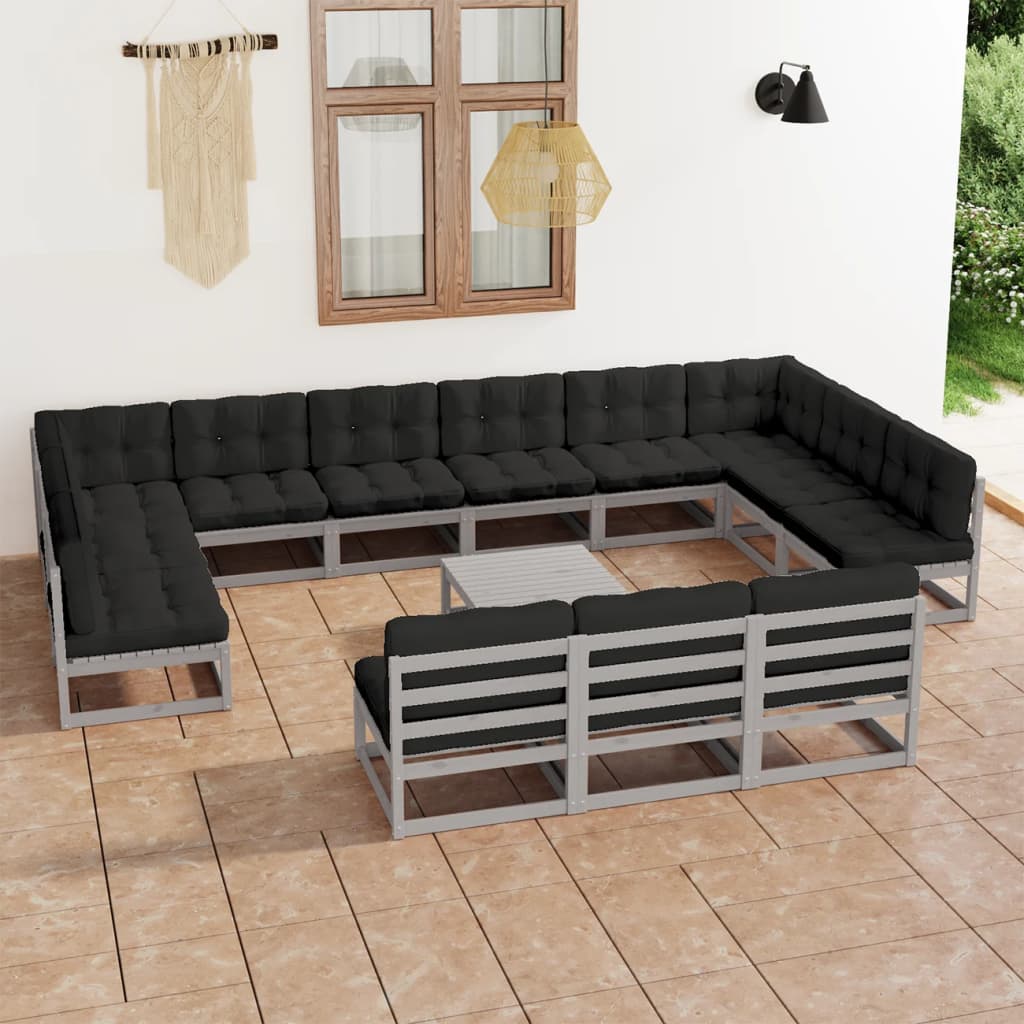 vidaXL Set de muebles de jardín 14 pzas con cojines madera pino gris