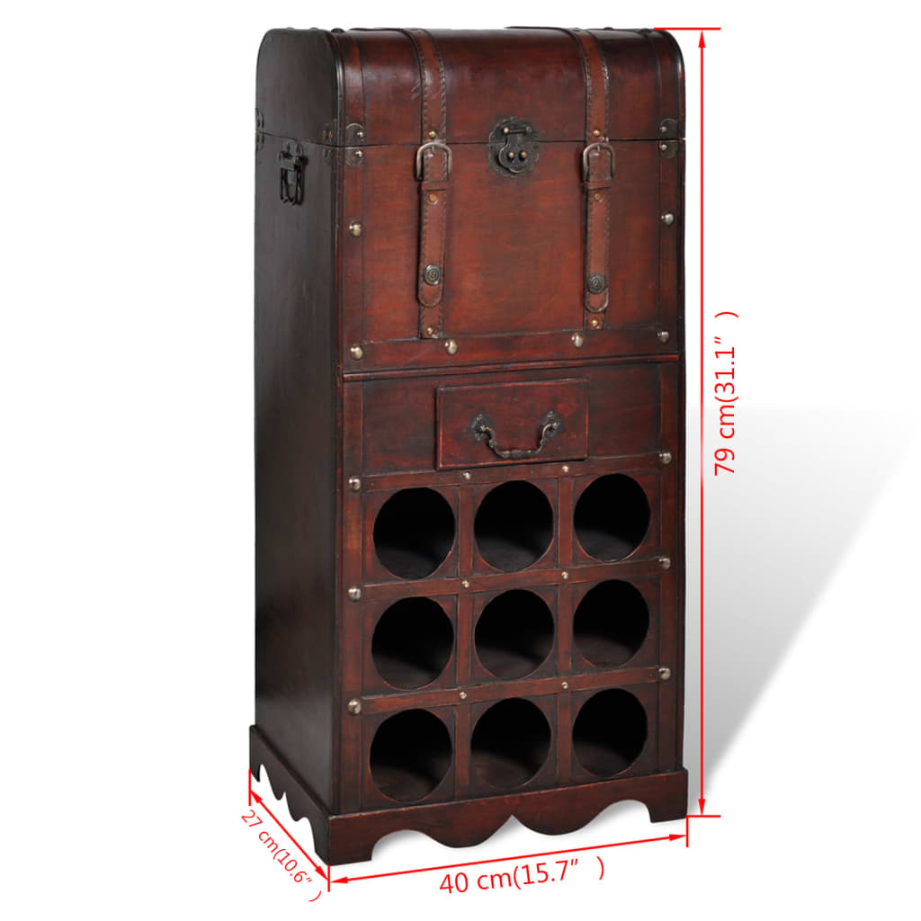 vidaXL Botellero de madera para 9 botellas baúl con cajón