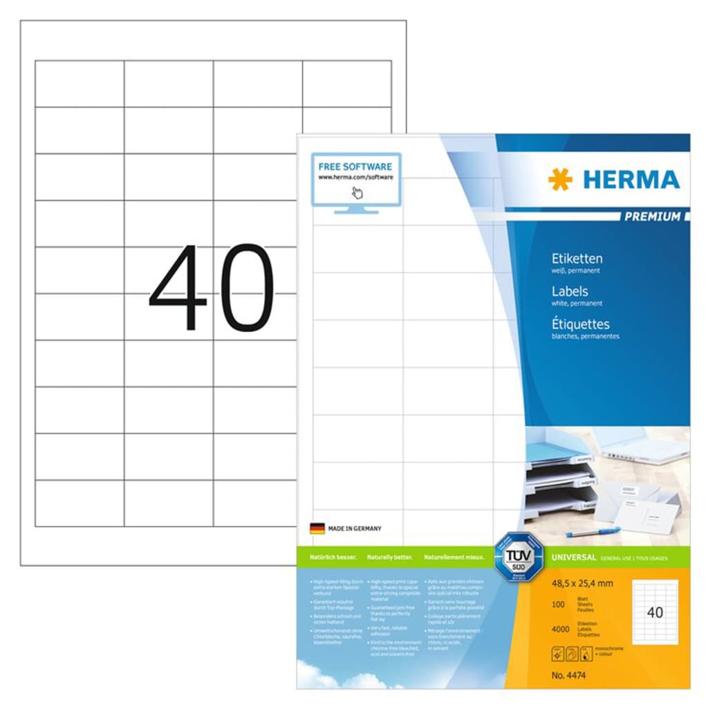 HERMA Etiquetas permanentes PREMIUM 100 hojas A4 48,5x25,4 mm