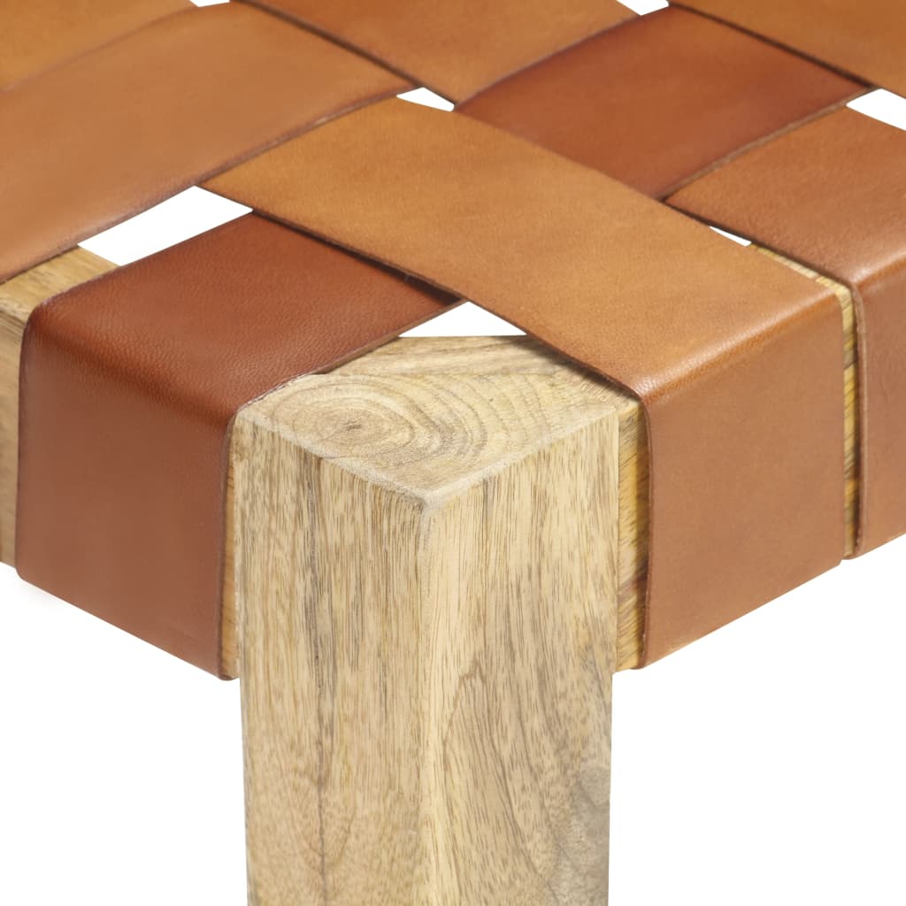 vidaXL Banco de cuero auténtico marrón y madera de mango maciza 110 cm