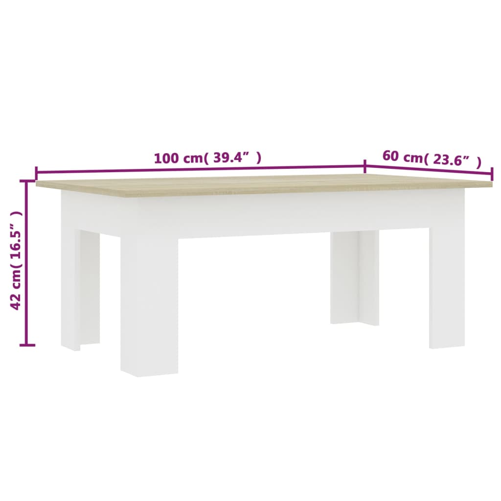 vidaXL Mesa de centro madera contrachapada blanco y roble 100x60x42 cm
