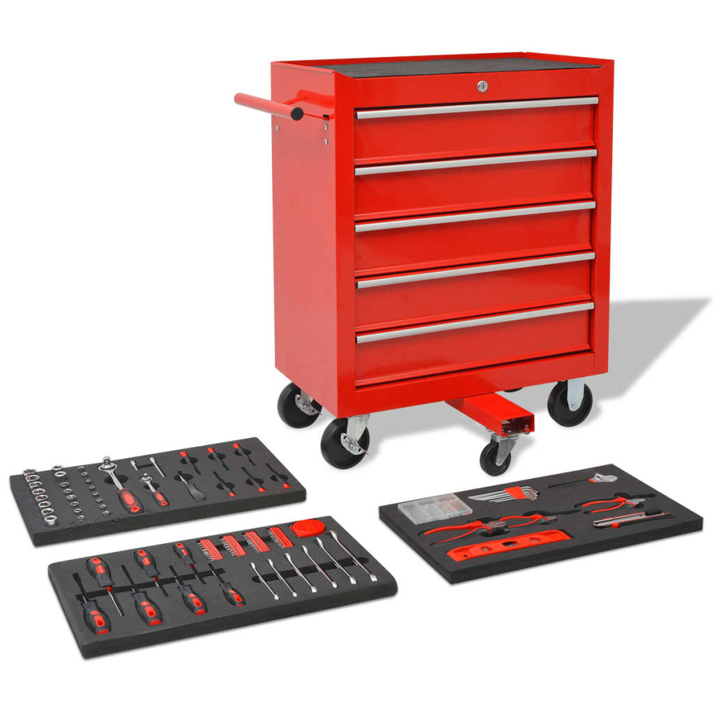 vidaXL Carrito de herramientas 269 herramientas acero rojo