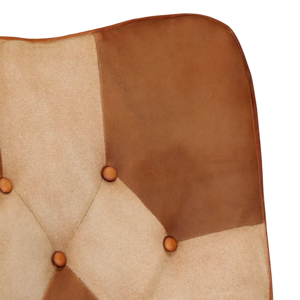 vidaXL Mecedora con taburete cuero auténtico y lona marrón
