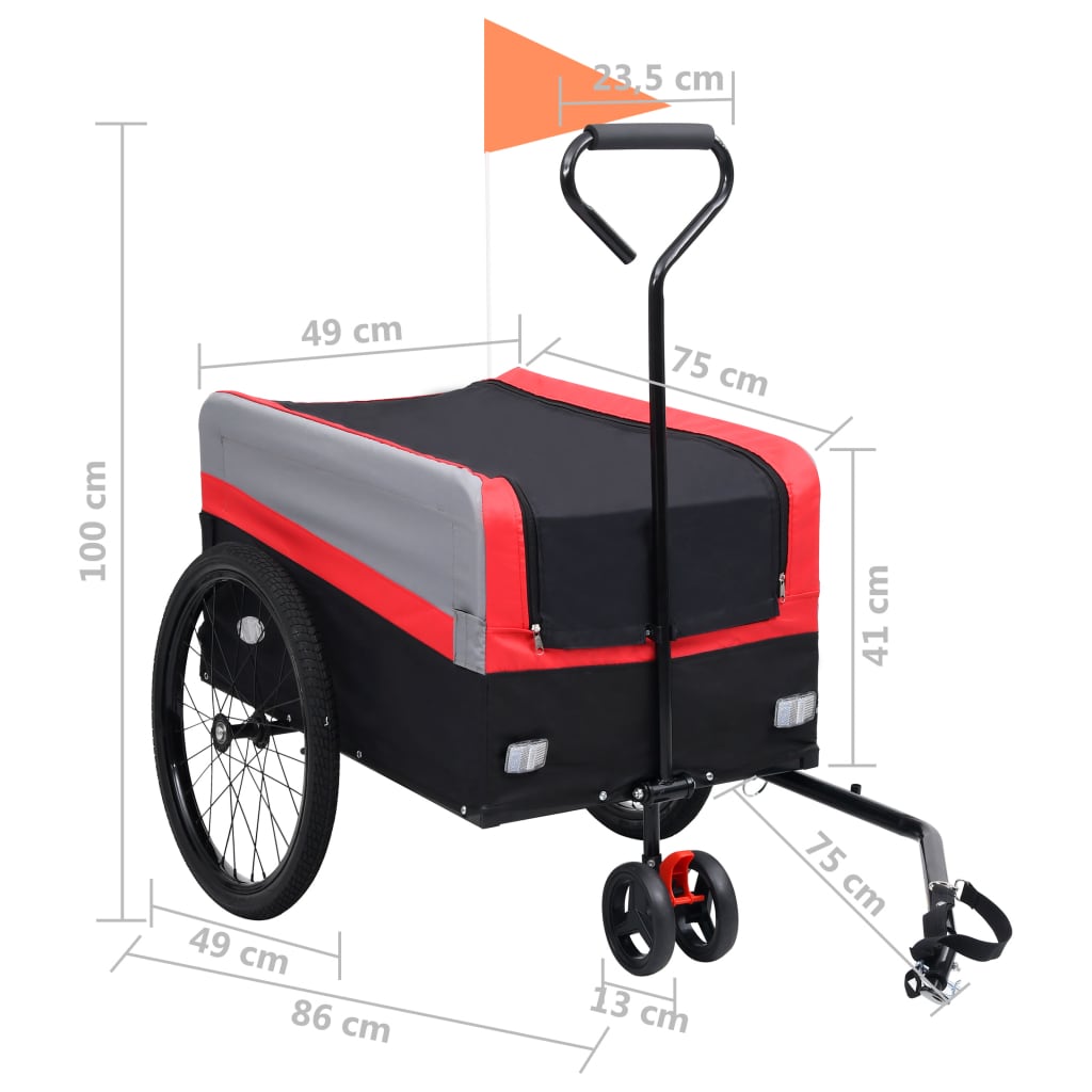 vidaXL Remolque bicicleta mascotas carrito 2 en 1 rojo gris negro XXL