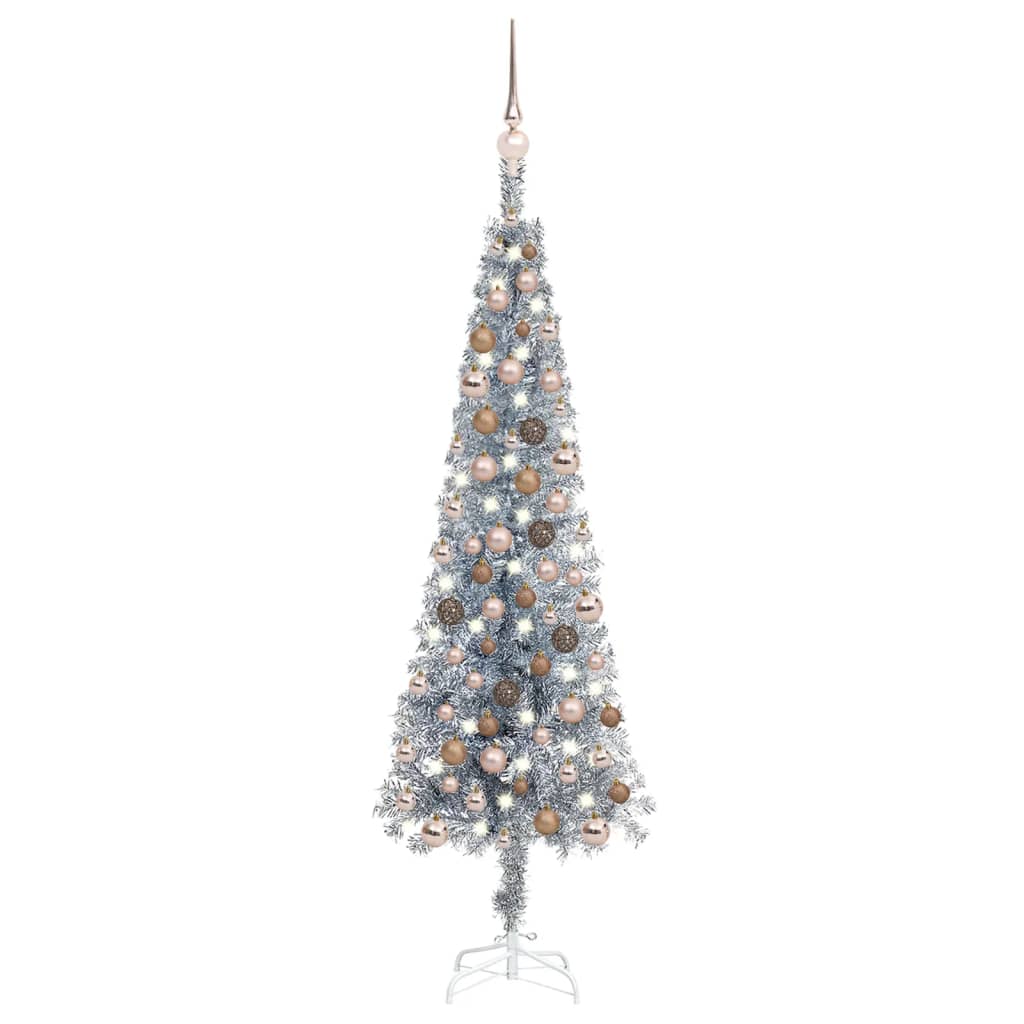 vidaXL Árbol de Navidad delgado con luces y bolas plateado 120 cm