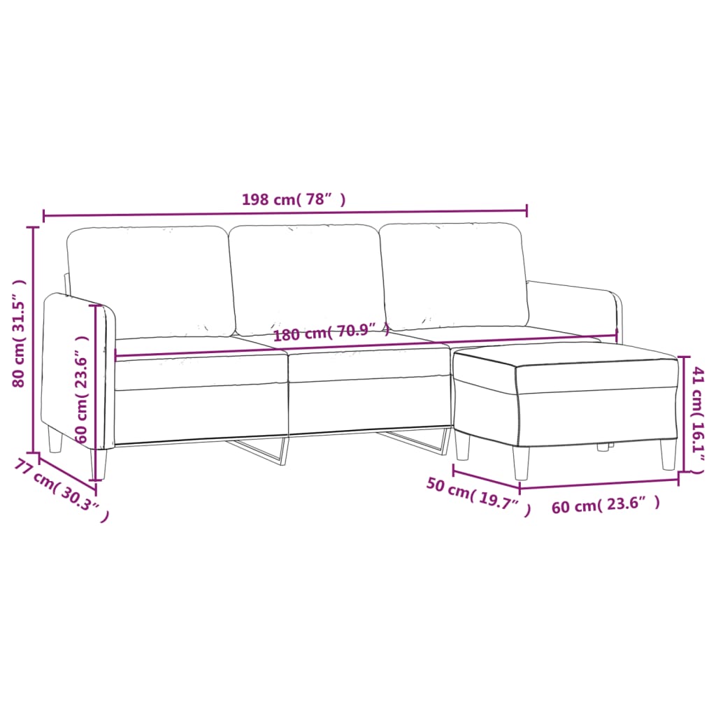vidaXL Sofá de 3 plazas con taburete de tela gris claro 180 cm