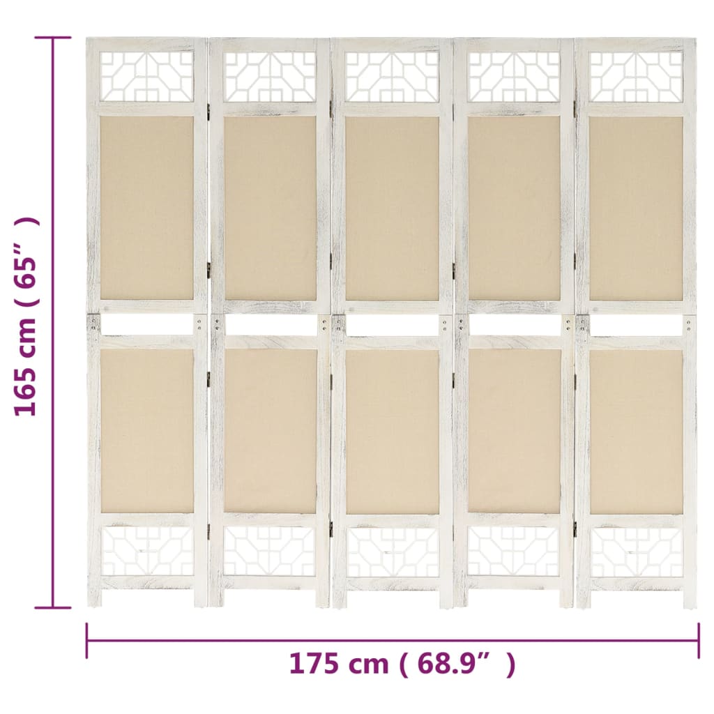 vidaXL Biombo divisor de 5 paneles de tela color crema 175x165 cm