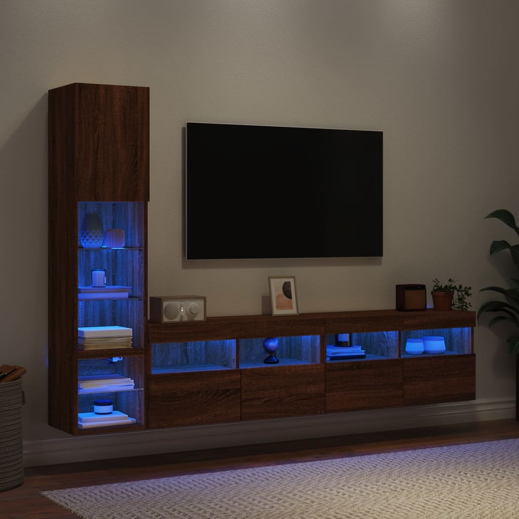 vidaXL Muebles TV pared con LED 4 pzas madera ingeniería marrón roble