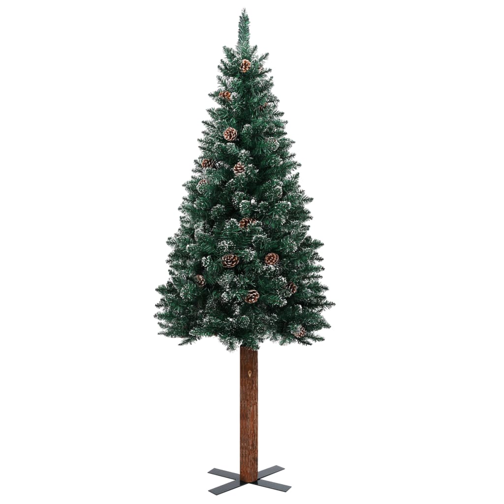 vidaXL Árbol de Navidad delgado madera auténtica y nieve verde 210 cm