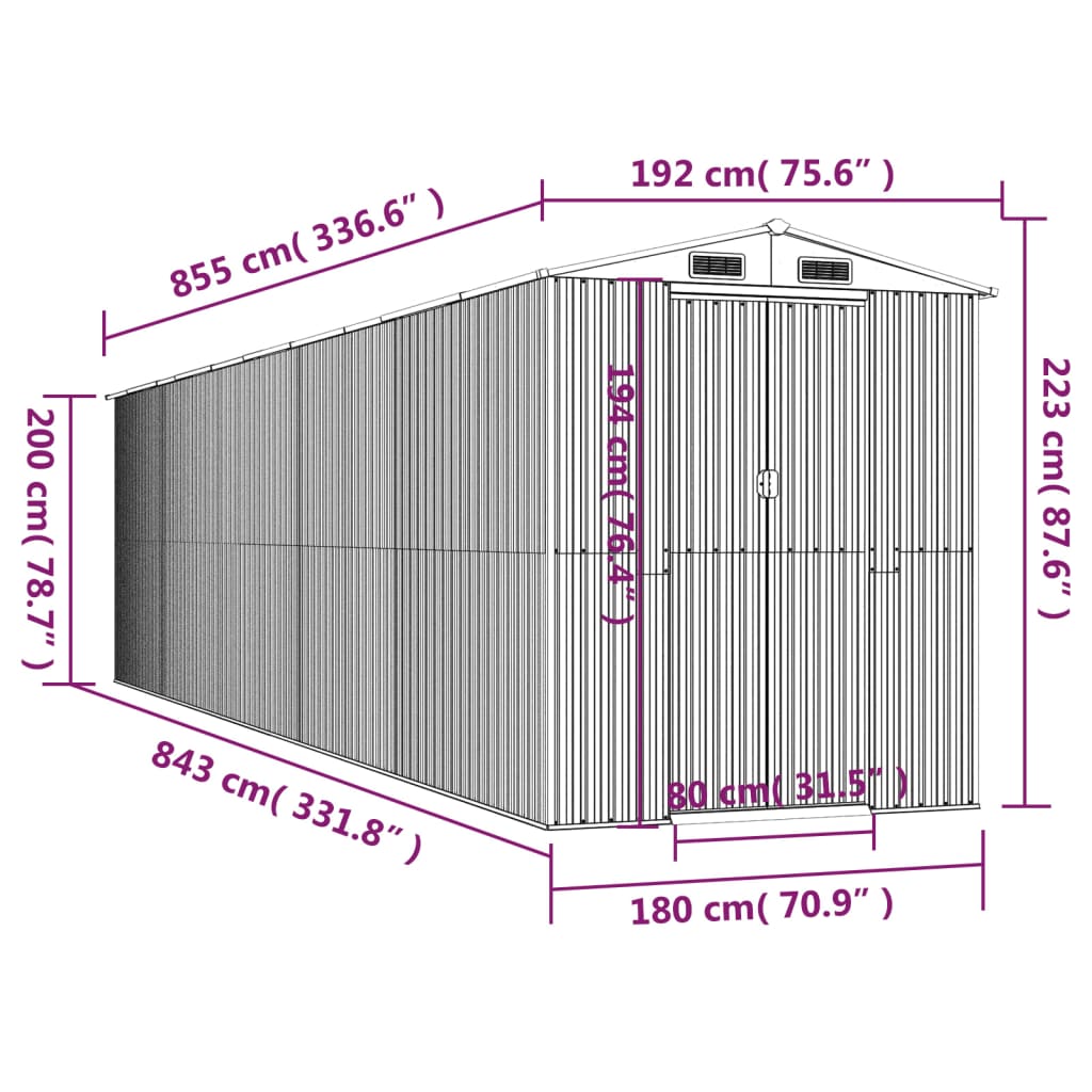 vidaXL Cobertizo de jardín acero galvanizado gris claro 192x855x223 cm