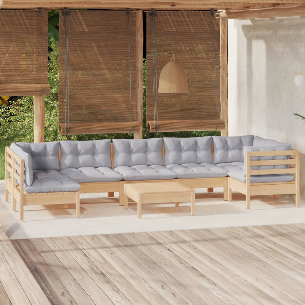 vidaXL Juego de muebles de jardín 8 pzas y cojines madera pino gris