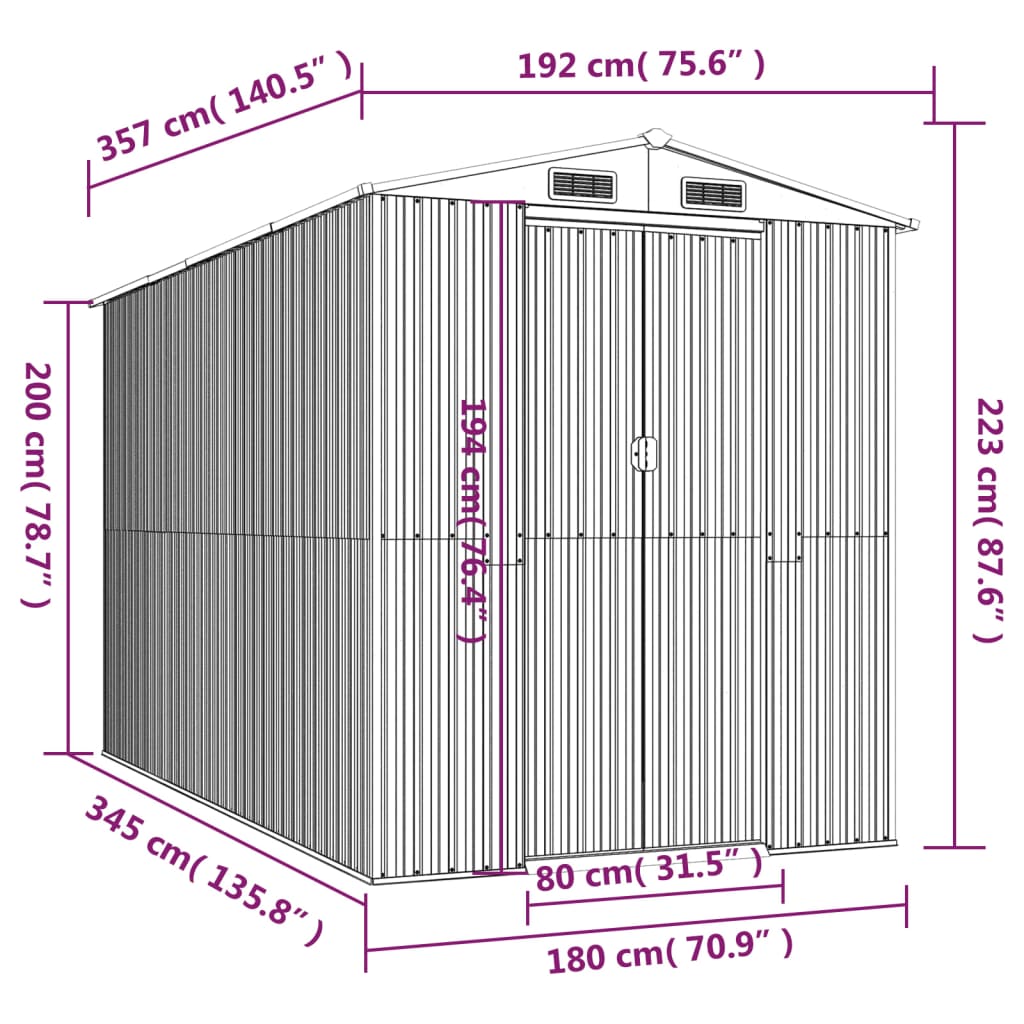 vidaXL Cobertizo de jardín acero galvanizado gris claro 192x357x223 cm