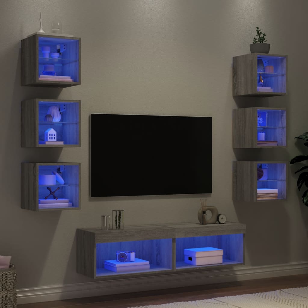 vidaXL Muebles TV pared con LED 8 pzas madera ingeniería gris Sonoma