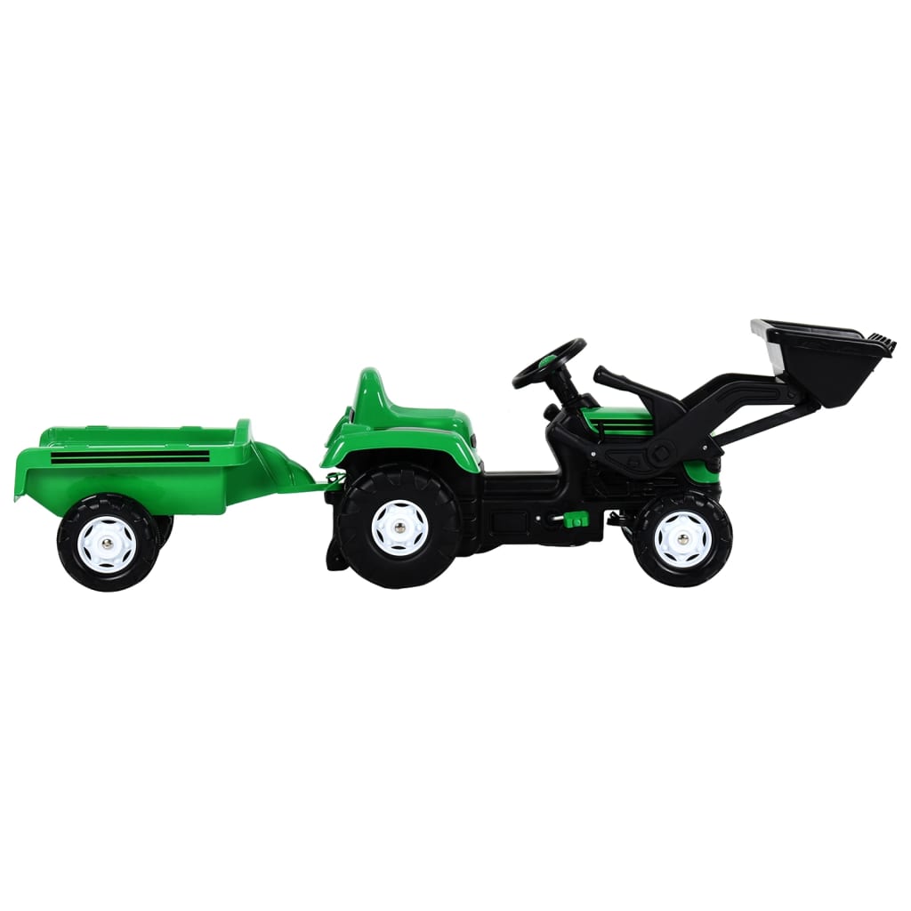 vidaXL Tractor de pedales para niños remolque y cargador verde y negro