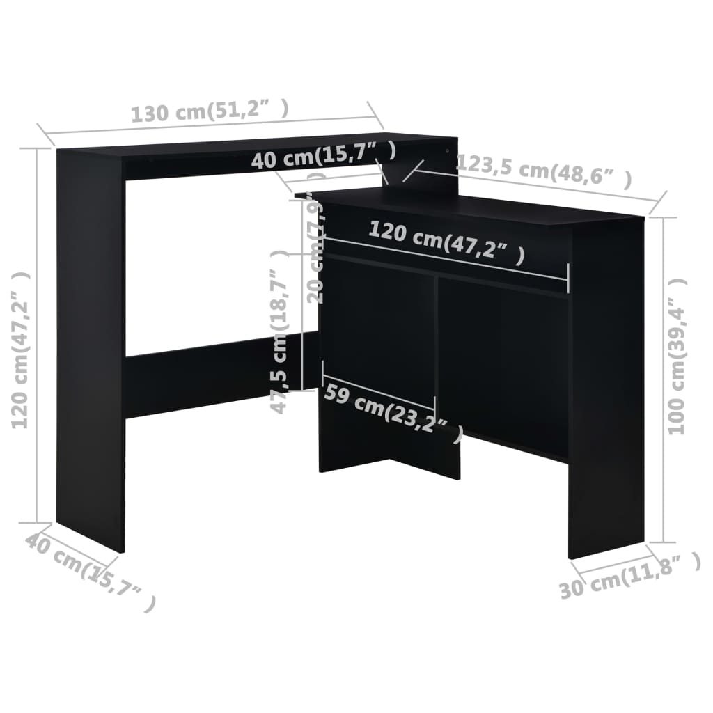 vidaXL Mesa alta de bar con 2 tableros negro 130x40x120 cm