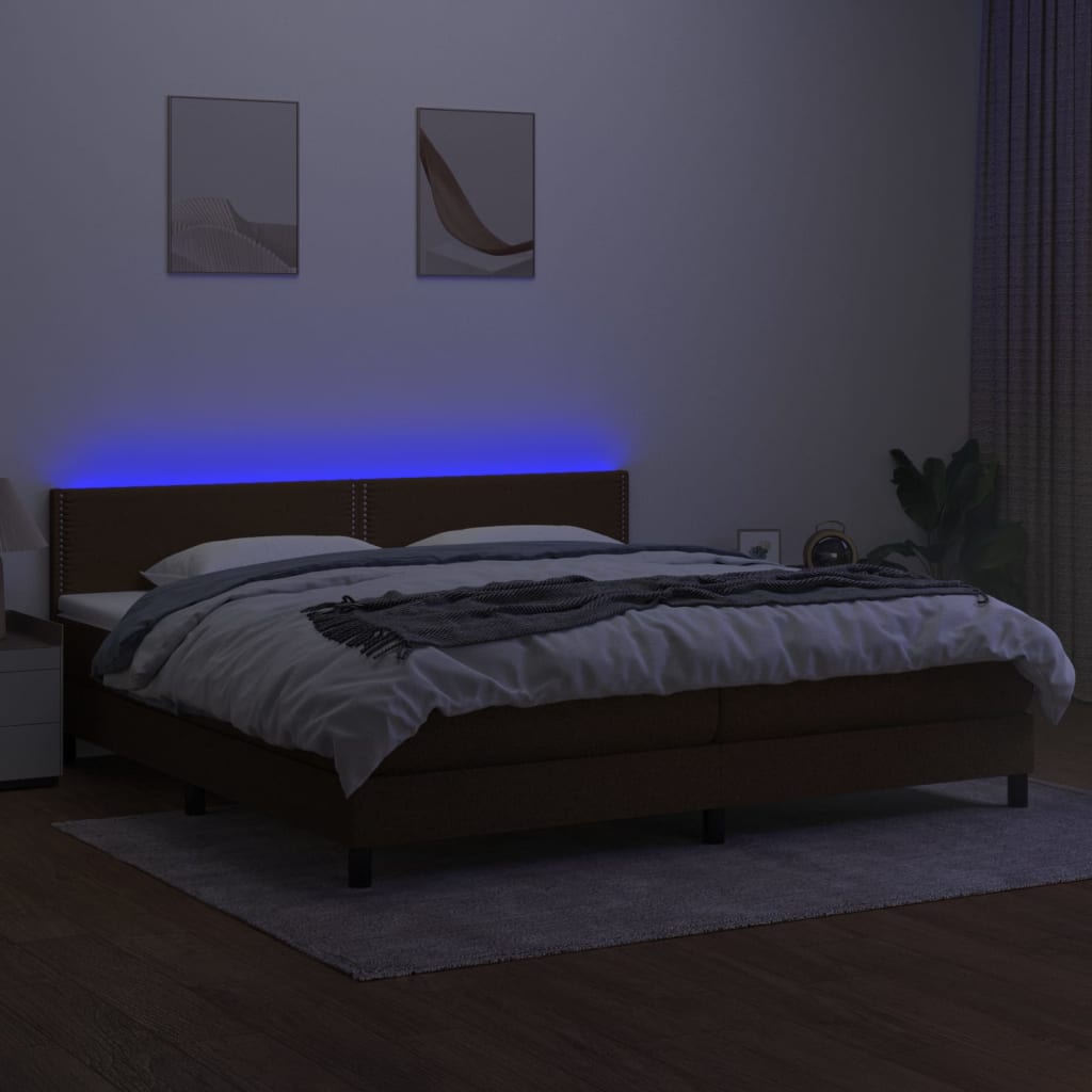 vidaXL Cama box spring colchón luces LED tela marrón oscuro 200x200 cm