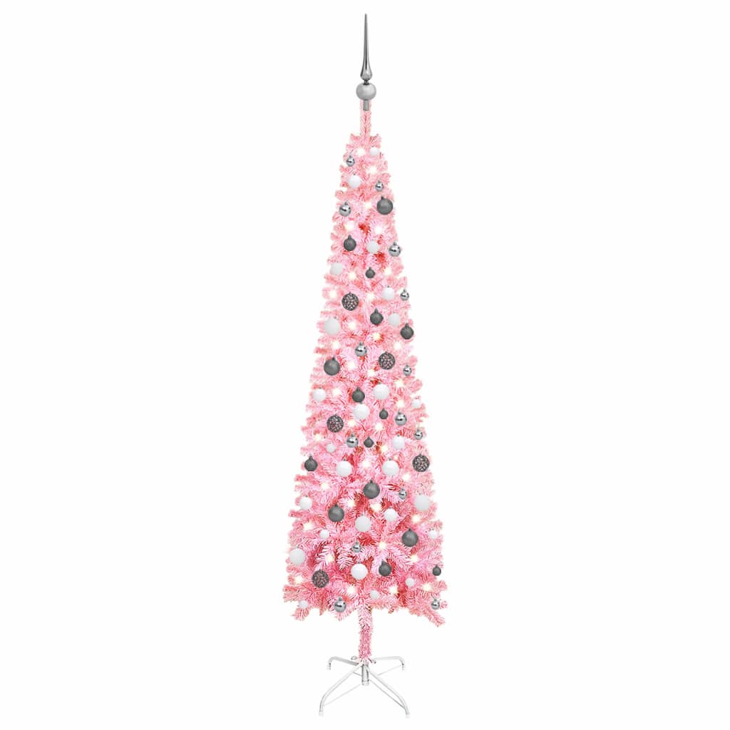 vidaXL Árbol de Navidad delgado con luces y bolas rosa 210 cm