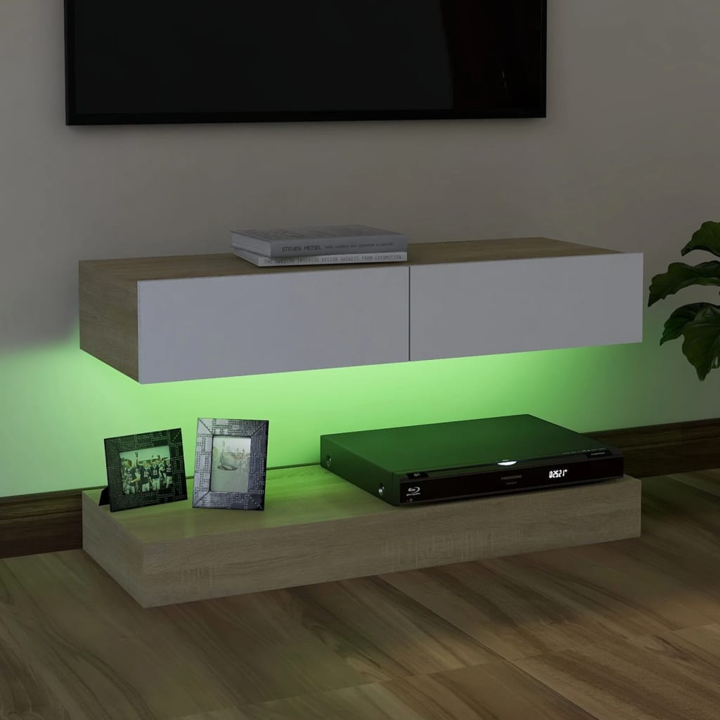 vidaXL Mueble de TV con luces LED blanco y roble Sonoma 90x35 cm