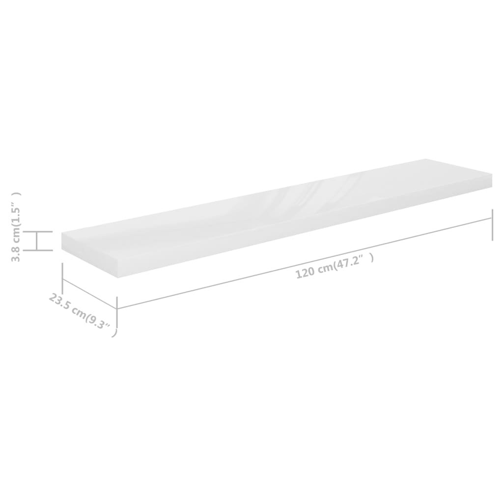 vidaXL Estante flotante de pared blanco con brillo MDF 120x23,5x3,8 cm