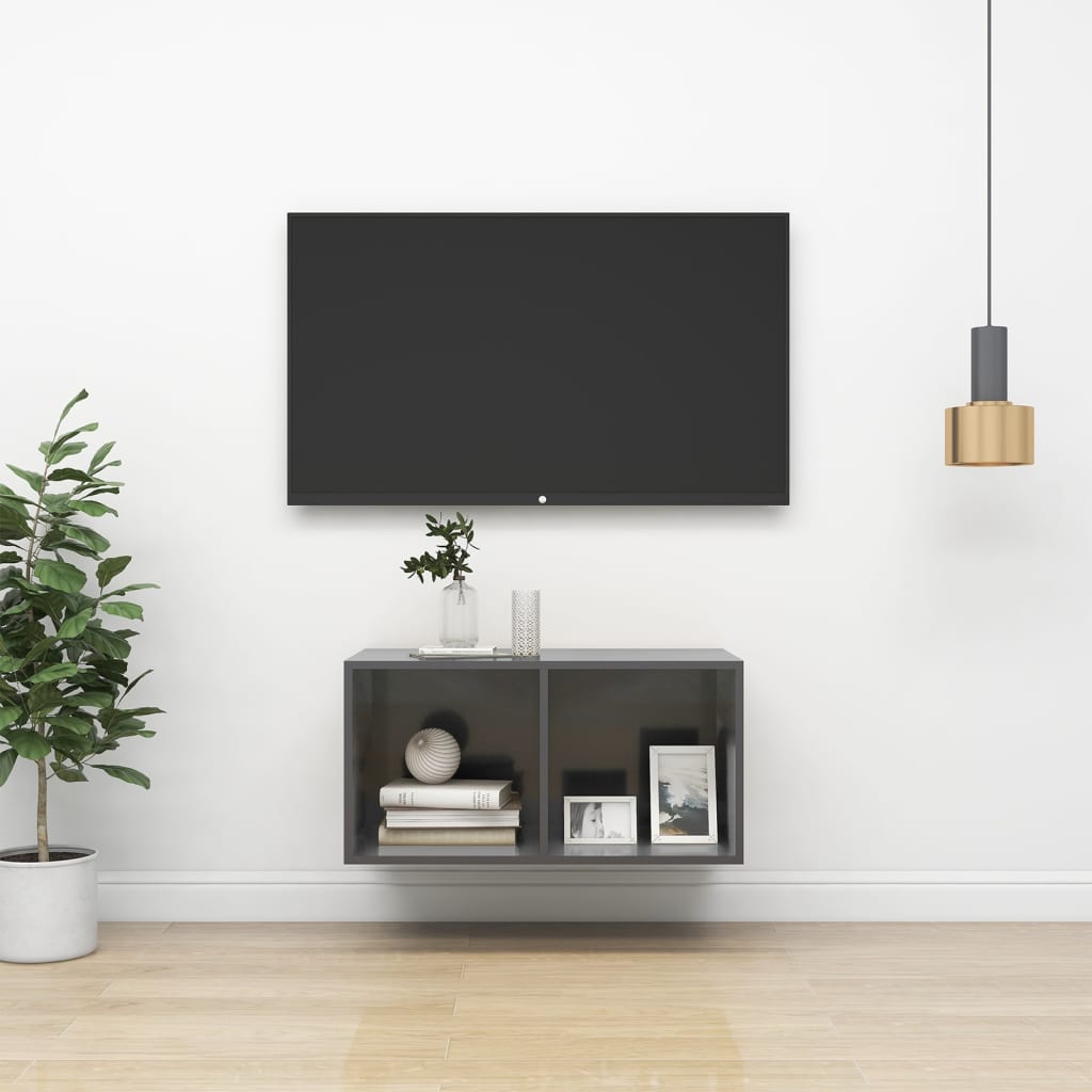 vidaXL Mueble TV de pared madera contrachapada gris brillo 37x37x72 cm