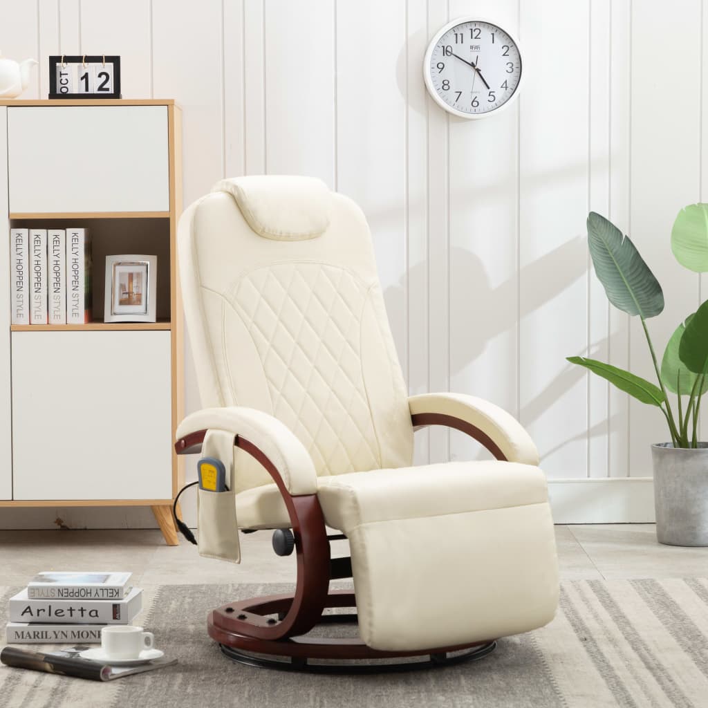 vidaXL Sillón de masaje reclinable TV cuero sintético blanco crema