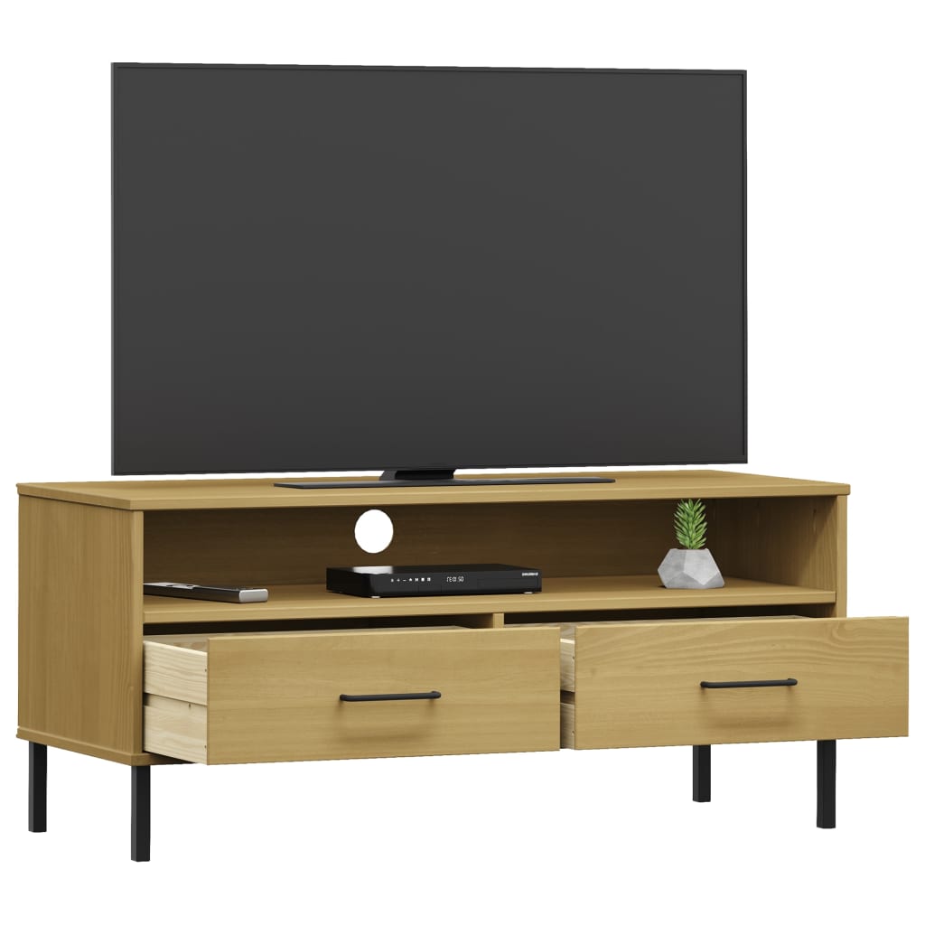 vidaXL Mueble de TV con patas de metal OSLO madera maciza pino marrón