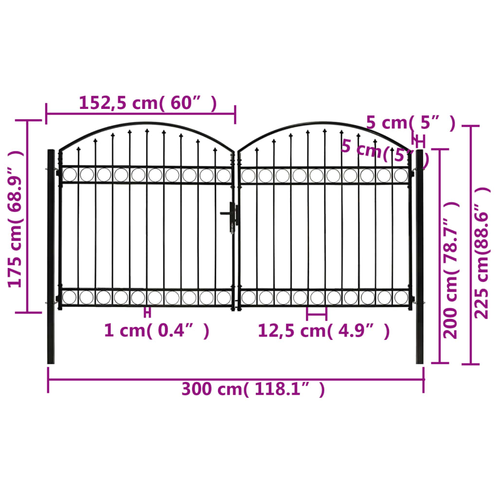 vidaXL Cancela de valla doble puerta con arco acero negro 300x175 cm