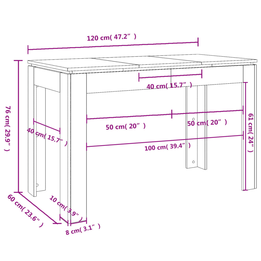 vidaXL Mesa de comedor madera contrachapada gris brillo 120x60x76 cm
