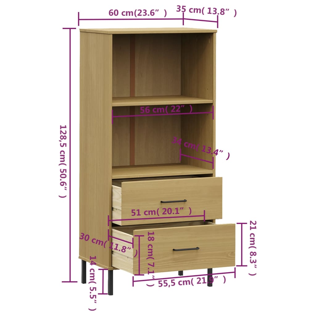 vidaXL Librería con 2 cajones OSLO madera maciza marrón 60x35x128,5 cm