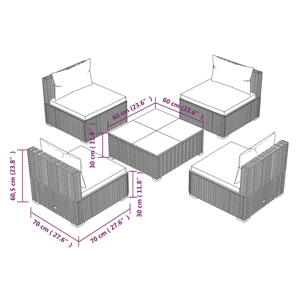 vidaXL Set de sofás de jardín 5 piezas y cojines ratán sintético gris