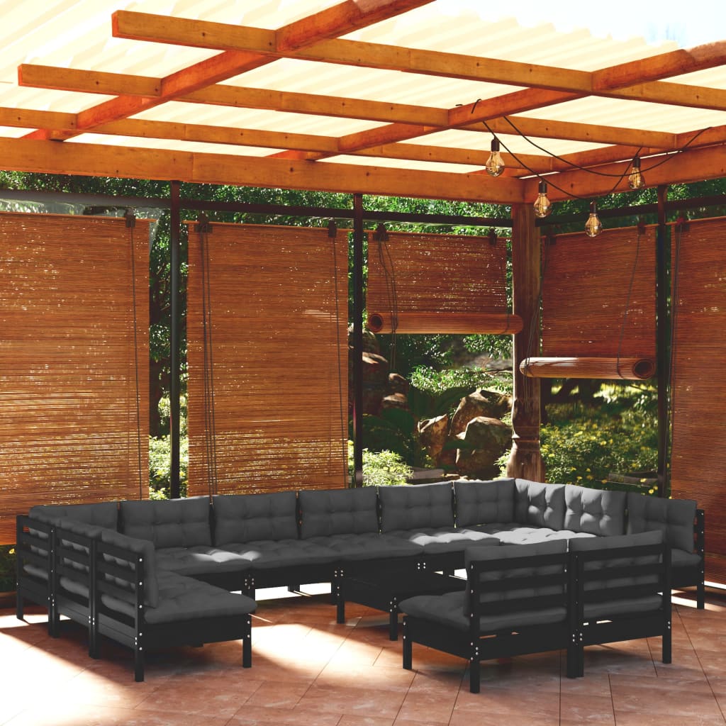 vidaXL Muebles de jardín 13 pzas y cojines negro madera maciza de pino