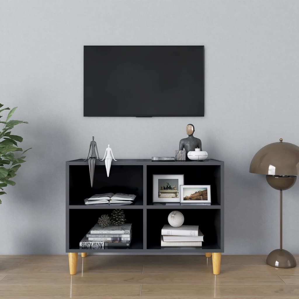vidaXL Mueble de TV patas de madera maciza gris brillo 69,5x30x50 cm