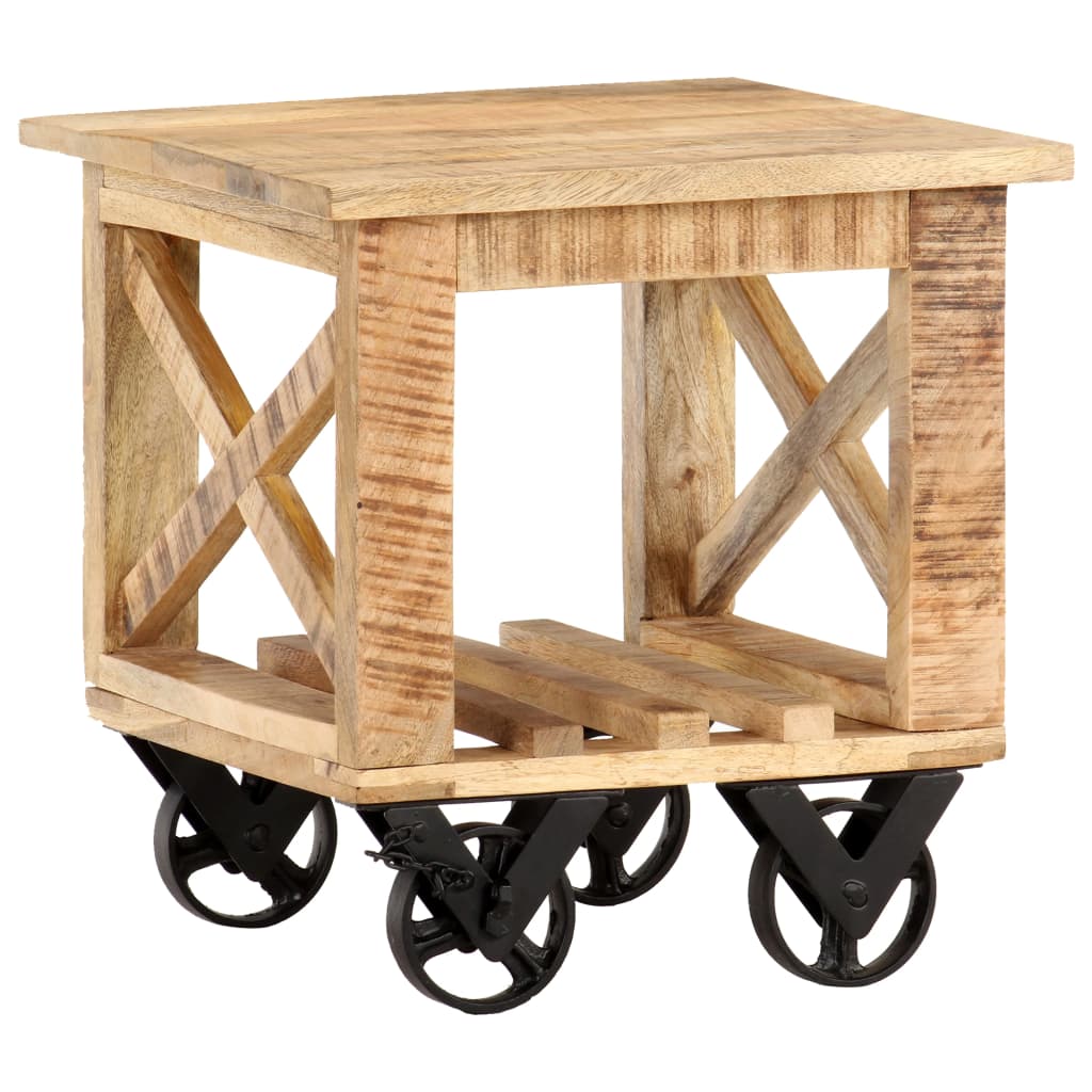 vidaXL Mesa auxiliar con ruedas madera de mango rugosa 40x40x42 cm