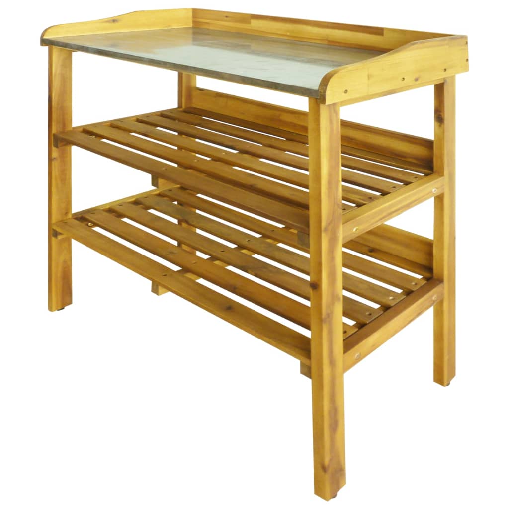 vidaXL Banco para macetas con 2 estantes madera maciza de acacia+zinc