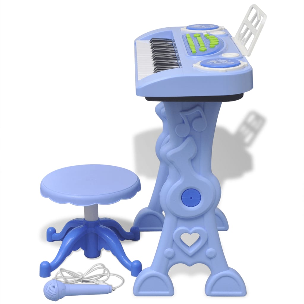 Piano de juguete de 37 teclas con taburete/micrófono para niños (Azul)
