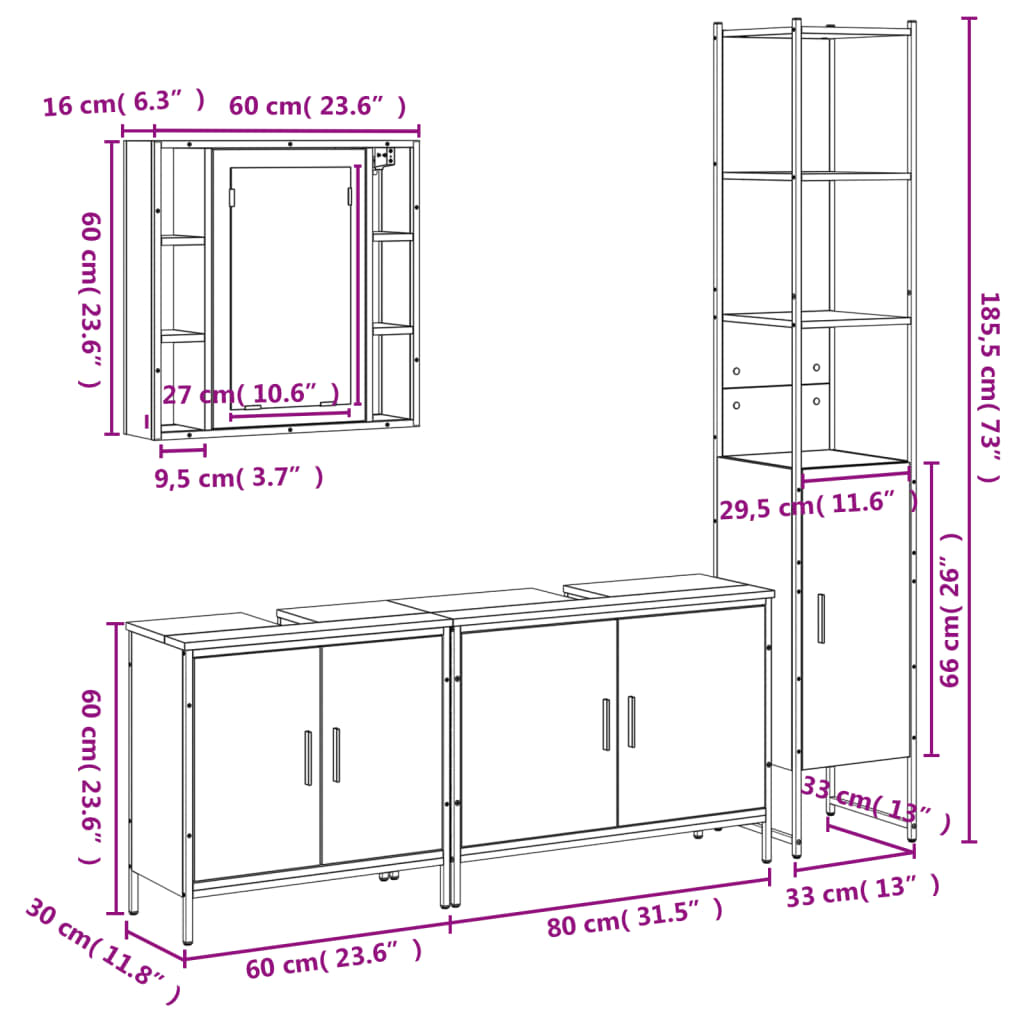 vidaXL Juego de muebles de baño 4 pzas madera ingeniería roble Sonoma