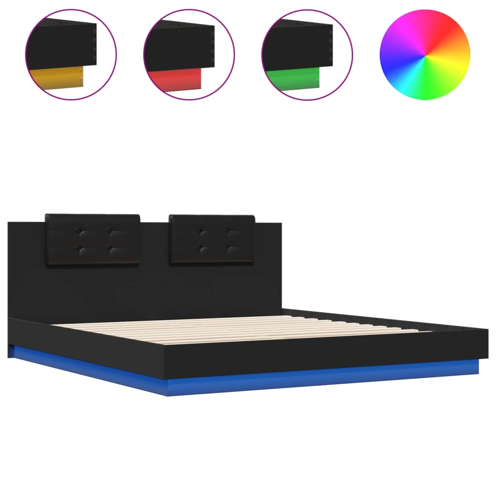 vidaXL Estructura de cama con cabecero y luces LED negro 180x200 cm
