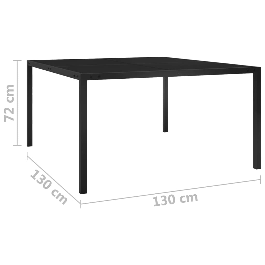 vidaXL Mesa de jardín de acero y vidrio negra 130x130x72 cm
